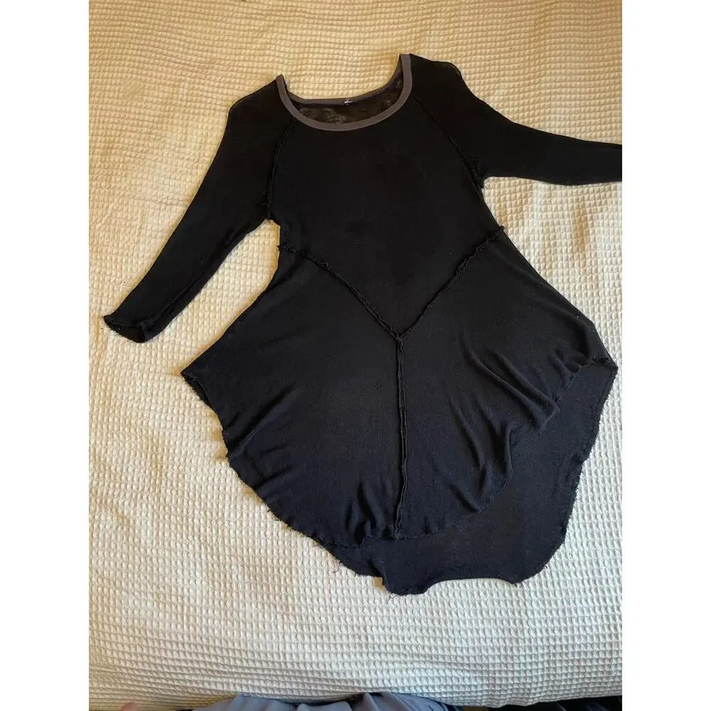 Free People Black Knit Handkerchief Hem Crew Neck 3/4 Sleeve Tee Size XS